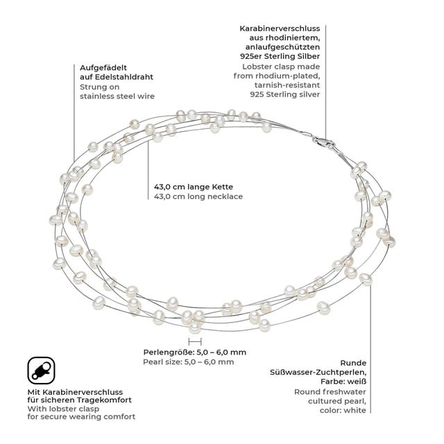 Would you like to emphasize your beautiful cleavage? Then this different pearl collier of the Valero Pearl label is perfectly suitable. The multi-row chain consists of gracefully rounded freshwater breeding breeding breeding, which are very puristically raised on five strands of stainless steel wire. This creates not only a modern pearl look, but also an extremely robust pearl necklace. The chain is closed with a practical carabiner closure made of 925 sterling silver, which is then protected by rhodiuming. Tip: Your style becomes perfect with a suitable ear and arm jewelry from the Valero Pearl's collection.