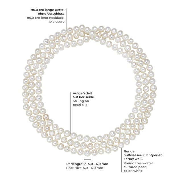 Do you love the versatility of pearl jewelry? Then this extra -long pearl chain of the Valero Pearl label guarantees your new favorite! With a length of 90 cm, it is a real all -rounder and can be worn as a casual long chain and classically double -row. Only the finest freshwater breeding pearls in round shape with brilliant shine come to use, which are raised as a closure endless chain to high-quality pearl silk so that the chain falls particularly soft. Tip: Your look with suitable pearl earrings or a pearl bracelet from the Valero Pearls collection will be perfect!