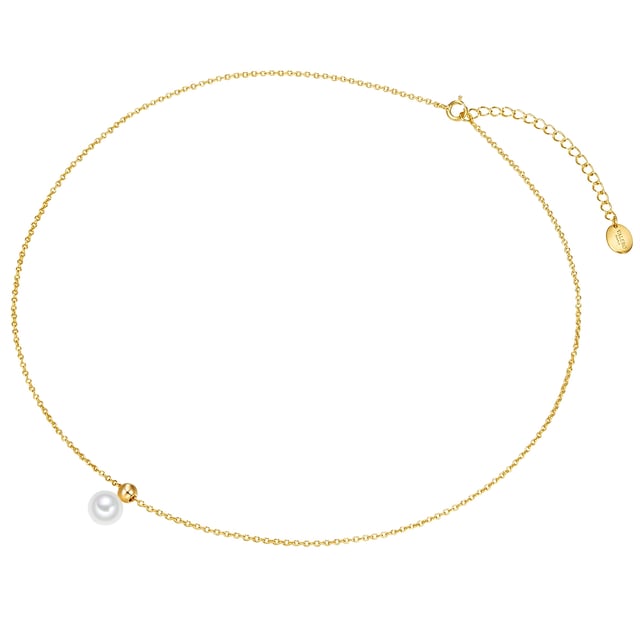 Are you looking for an accessory in a minimalist design that convinces without glamor? This chain of the label Valero Pearl is deliberately reduced to a exquisite freshwater breeding pearl as a soloist in a cleavage, combined with a delicate anchor chain and a simple spherical chain. A spring ring closure and a practical extension chain make the length adjustment straightforward. The chain and eyelet are made of 925 sterling silver and refined with yellow gold-a must-have for all lovers of the warm glossy precious metal and a perfect gift for all pearl fans!