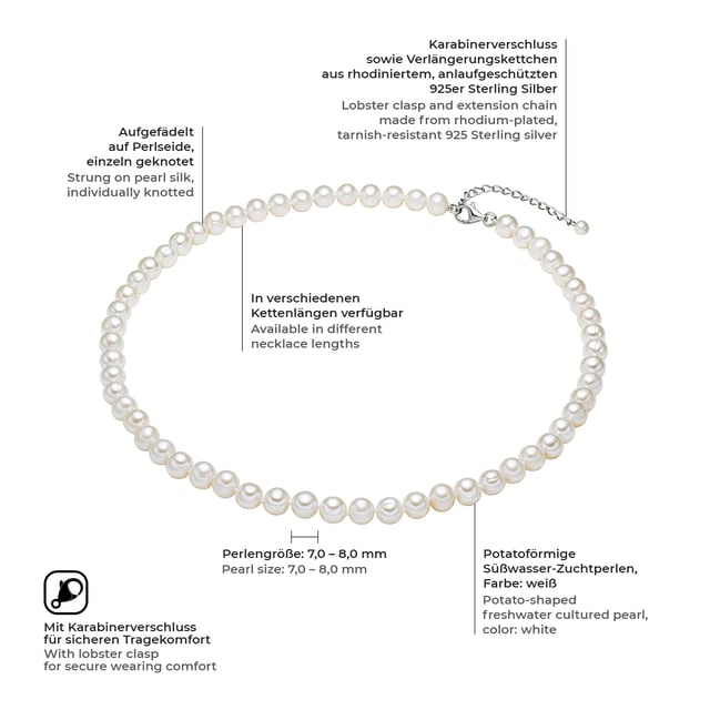 Pearls are an all-time favorite in the jewelry box and are always trendy with their timeless elegance. Whether for jeans, a business costume or a festive outfit: This pearl necklace of the Valero Pearl label harmonizes with every dress code. The shimmering freshwater breeding breeds in potato form are unique and inspire with their natural charm. A knot is set after each pearl to avoid friction of the delicate pearl mutual surfaces. Another advantage: Knotted pearl chains fall more smoothly. The practical carabiner closure consists of ongoing sterling silver.