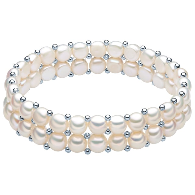 With this graceful bracelet from Valero Pearls, you do not need to choose between gentle pearl shimmer and cool metal gloss, because it masterfully combines both jewelry properties in one! His refined layer look makes it a striking accessory on her wrist, in which rows of high-quality freshwater breeding breeds with small decorative balls made of high-gloss polished 925 sterling silver alternate. Due to the flexible design, the piece of jewelry is not broken by any closure, which would only disturb the harmonious continuity of the pearl splendor.