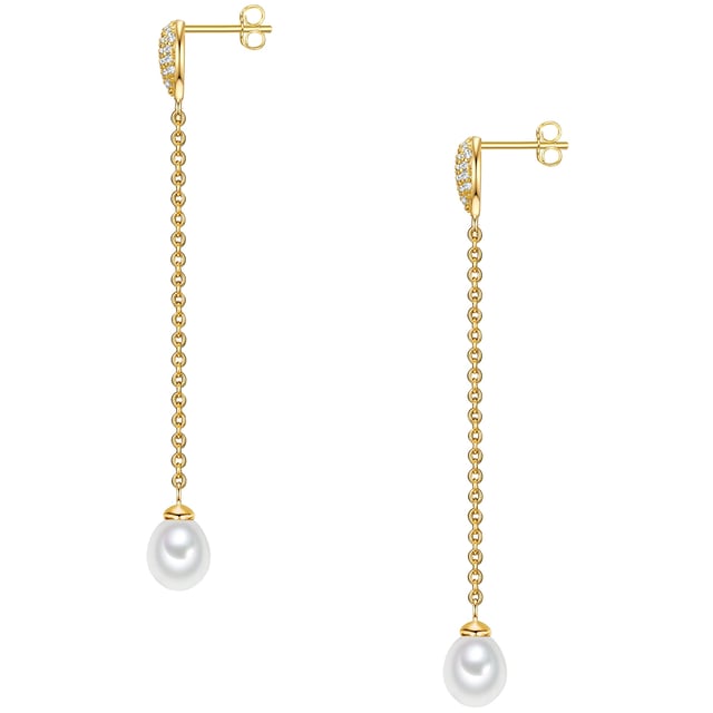 Would you like pearl earrings in a modern design? This ear jewelry of the Valero Pearl label conjures up a bewitching pearl shimmer to your ear: carefully selected freshwater breeding breeding pearls dangle on a filigree anchor chain that is attached to a drop-shaped plug. The trim ensures subtle glamor accents with sparkling zirconia crystals. A practical plug-in closure enables uncomplicated plugs. Plugs, socket and closure are made of 925 sterling silver and refined with classic yellow gold-perfect for all lovers of the warm shiny gold nuance and a wonderful gift for all pearl fans!