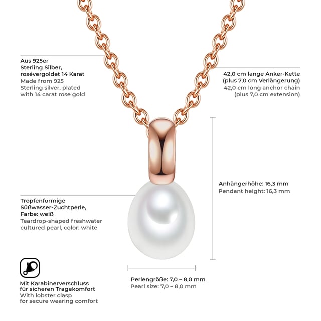 In order to get through everyday life in style and well -groomed, it often doesn't need much. A pretty blouse, a bright smile - and this simple and at the same time feminine necklace with trailer from the new collection of Valero Pearls. Their fine anchor chain members made of 925 sterling silver are covered with a noble glossy rose gilding, which conjures up a rosy appearance on their cleavage. Finally, there is also the subtle trailer, consisting of a rosé-plated pendant and a real freshwater breeding pearl in drop shape. Their uniform nature makes the stunning luster come into its own so that further decorative elements would only unnecessarily distract.