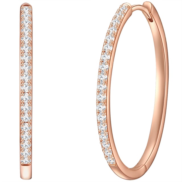 GENERAL INFORMATION:  • Earring type: Hoop earring  • Targetgroup: Female  MATERIAL:  • Basematerial: Sterling Silver  • Color Basematerial: Rosegold  • Alloy/Fineness: 925/-  • Coating/Plating: rose gold plated 14 carat  • Surface Treatment: High-gloss polished  DIMENSIONS:  • Earring height mm, approx.: 33,5  • Earring width mm, approx.: 2,0  STONES:  • Stone type 1: Zirconia  • Stone color 1: White  • Stone cut 1: Facetted