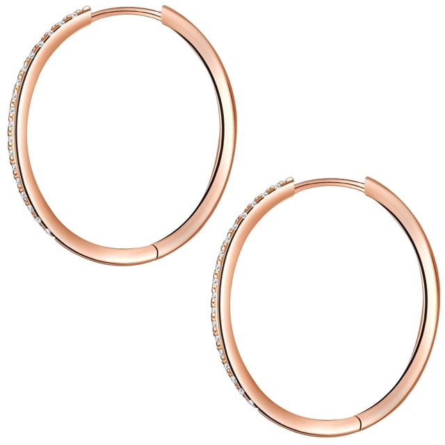 GENERAL INFORMATION:  • Earring type: Hoop earring  • Targetgroup: Female  MATERIAL:  • Basematerial: Sterling Silver  • Color Basematerial: Rosegold  • Alloy/Fineness: 925/-  • Coating/Plating: rose gold plated 14 carat  • Surface Treatment: High-gloss polished  DIMENSIONS:  • Earring height mm, approx.: 33,5  • Earring width mm, approx.: 2,0  STONES:  • Stone type 1: Zirconia  • Stone color 1: White  • Stone cut 1: Facetted