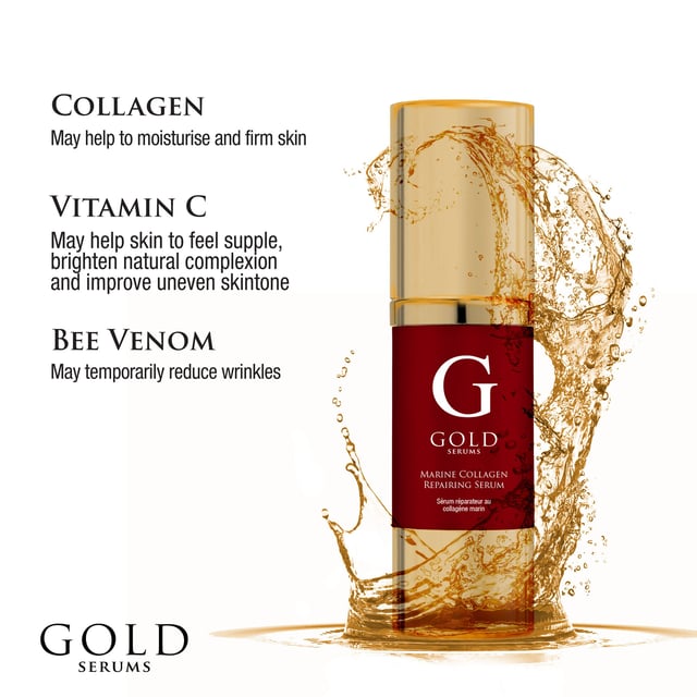 Gold Serums Suero reparador de colágeno marino 30ml Experimenta el poder rejuvenecedor del colágeno marino con este suero reparador, diseñado para mejorar la elasticidad y la hidratación de la piel. Infundido con ingredientes nutritivos como el polvo de jugo de hoja de aloe vera y alantoína, calma y alivia la piel, mientras que la glicerina proporciona una hidratación profunda. La inclusión de aminoácidos de colágeno ayuda a apoyar la estructura de la piel y promover una apariencia juvenil. Este suero también presenta acetato de tocoferilo, una forma potente de vitamina E, conocida por sus propiedades antioxidantes que protegen contra los factores de estrés ambiental. Con una lujosa mezcla de fragancia y conservantes suaves, este suero no solo revitaliza, sino que también envuelve tu piel en una deliciosa experiencia sensorial. Ideal para aquellos que buscan mejorar la textura y la salud general de su piel.