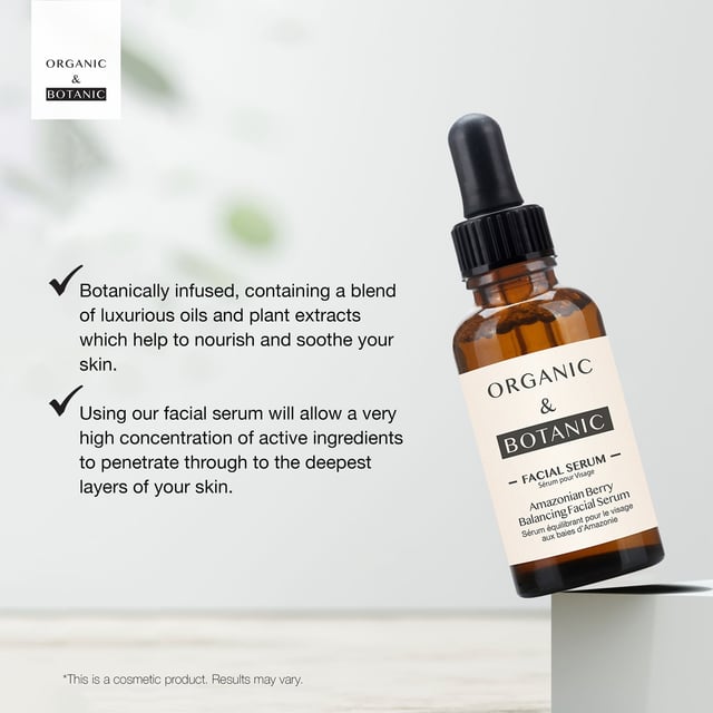 Organic & Botanic Amazonian Berry Facial Serum 30ml Our Botanically infused Amazonian Berry Serum is a luxurious blend of oils and plant extracts that deeply moisturizes and nourishes the skin. With ingredients like Aloe Vera, Castor Oil, and Natural Vitamin E, this serum promotes healthy cell growth, improves the appearance of fine lines and wrinkles, and locks in moisture for a smoother, radiant complexion.