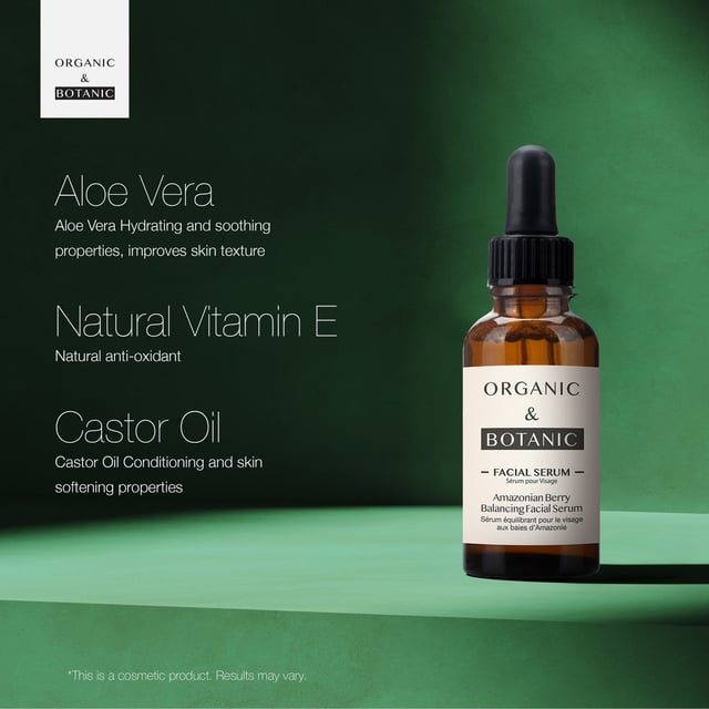 Organic & Botanic Amazonian Berry Facial Serum 30ml Our Botanically infused Amazonian Berry Serum is a luxurious blend of oils and plant extracts that deeply moisturizes and nourishes the skin. With ingredients like Aloe Vera, Castor Oil, and Natural Vitamin E, this serum promotes healthy cell growth, improves the appearance of fine lines and wrinkles, and locks in moisture for a smoother, radiant complexion.