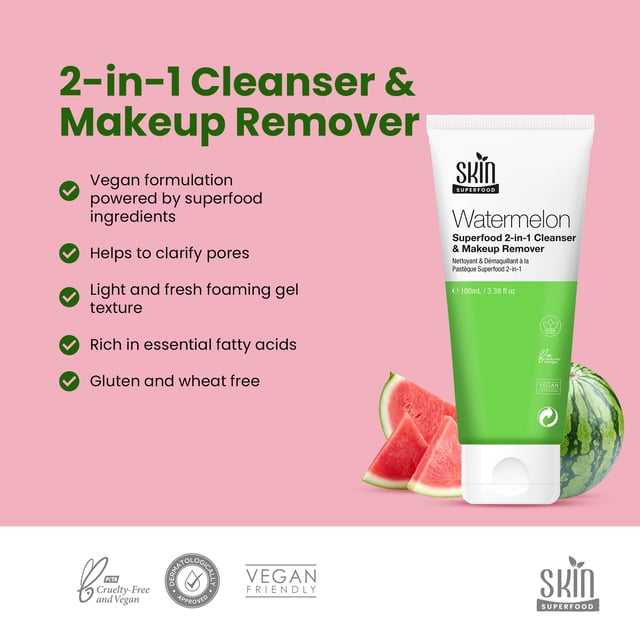 Our Watermelon Superfood Cleanser is a 2-in-1 hero product that effectively removes impurities and promotes a rejuvenated complexion. Enriched with super-fruit watermelon and nourishing coconut, this gentle cleanser hydrates and moisturizes the skin, leaving it clean, fresh, and protected.