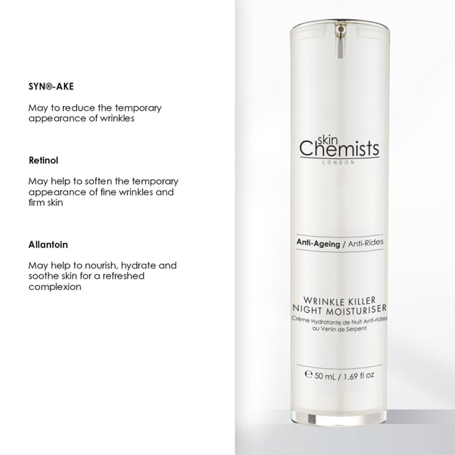 skinChemists Wrinkle Killer Night Moisturiser 50ml skinChemists Wrinkle Killer Night Moisturiser is a hydrating formula that targets wrinkles and promotes a smooth, youthful complexion. Infused with natural ingredients like coconut oil and Tahitian flower extract, this moisturiser nourishes and revitalizes the skin, leaving it looking healthy and radiant. Say goodbye to fine lines and hello to a more youthful appearance with this powerful night moisturiser.