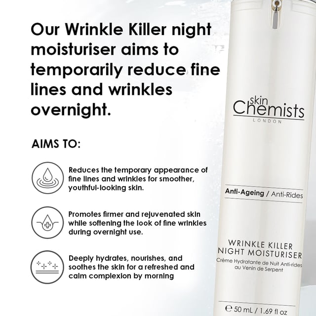 skinChemists Wrinkle Killer Night Moisturiser 50ml skinChemists Wrinkle Killer Night Moisturiser is a hydrating formula that targets wrinkles and promotes a smooth, youthful complexion. Infused with natural ingredients like coconut oil and Tahitian flower extract, this moisturiser nourishes and revitalizes the skin, leaving it looking healthy and radiant. Say goodbye to fine lines and hello to a more youthful appearance with this powerful night moisturiser.
