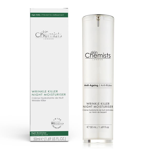 skinChemists Wrinkle Killer Night Moisturiser 50ml skinChemists Wrinkle Killer Night Moisturiser is a hydrating formula that targets wrinkles and promotes a smooth, youthful complexion. Infused with natural ingredients like coconut oil and Tahitian flower extract, this moisturiser nourishes and revitalizes the skin, leaving it looking healthy and radiant. Say goodbye to fine lines and hello to a more youthful appearance with this powerful night moisturiser.