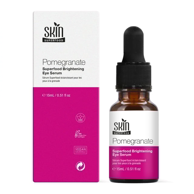 Skin Superfood Pomegranate Superfood Brightening Eye Serum 15ml Twin Value Savings Pack Our superfood eye serum is packed with antioxidant-rich Pomegranate and Raspberry Seed Oil to brighten, hydrate, and protect the delicate eye area. It reduces puffiness, dark circles, and fine lines, while Calendula Flower Extract defends against environmental pollutants. Refresh tired eyes on the go or apply at night for rested, bright under-eyes.