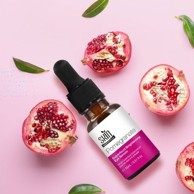 Skin Superfood Pomegranate Superfood Brightening Eye Serum 15ml Twin Value Savings Pack Our superfood eye serum is packed with antioxidant-rich Pomegranate and Raspberry Seed Oil to brighten, hydrate, and protect the delicate eye area. It reduces puffiness, dark circles, and fine lines, while Calendula Flower Extract defends against environmental pollutants. Refresh tired eyes on the go or apply at night for rested, bright under-eyes.