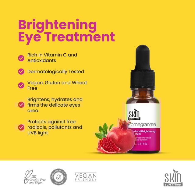 Skin Superfood Pomegranate Superfood Brightening Eye Serum 15ml Twin Value Savings Pack Our superfood eye serum is packed with antioxidant-rich Pomegranate and Raspberry Seed Oil to brighten, hydrate, and protect the delicate eye area. It reduces puffiness, dark circles, and fine lines, while Calendula Flower Extract defends against environmental pollutants. Refresh tired eyes on the go or apply at night for rested, bright under-eyes.