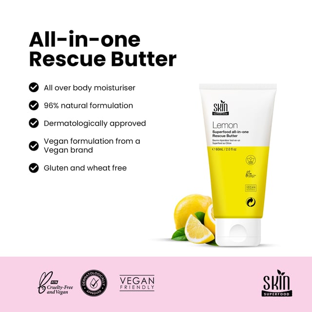 Skin Superfood Lemon Superfood Rescue Butter 60ml Twin Value Savings Pack This multi-purpose Lemon Butter is a luxurious and hydrating treatment for dry skin. With nourishing ingredients like Shea Butter, Almond Oil, Coconut Oil, and Lemongrass, it can be used as a moisturiser for the face, body, and hands. Its ultra-hydrating formula locks in moisture and soothes the skin, leaving it nourished and healthy.
