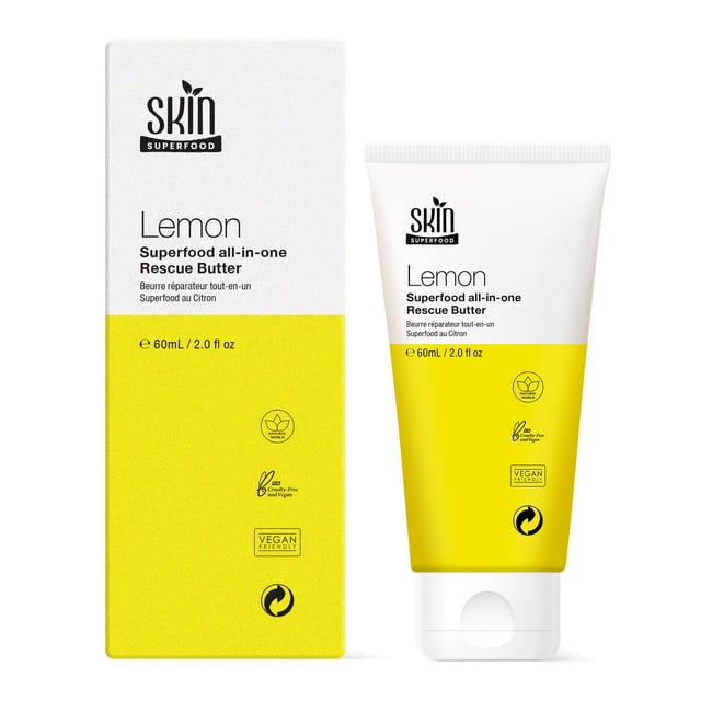 Skin Superfood Lemon Superfood Rescue Butter 60ml Twin Value Savings Pack This multi-purpose Lemon Butter is a luxurious and hydrating treatment for dry skin. With nourishing ingredients like Shea Butter, Almond Oil, Coconut Oil, and Lemongrass, it can be used as a moisturiser for the face, body, and hands. Its ultra-hydrating formula locks in moisture and soothes the skin, leaving it nourished and healthy.