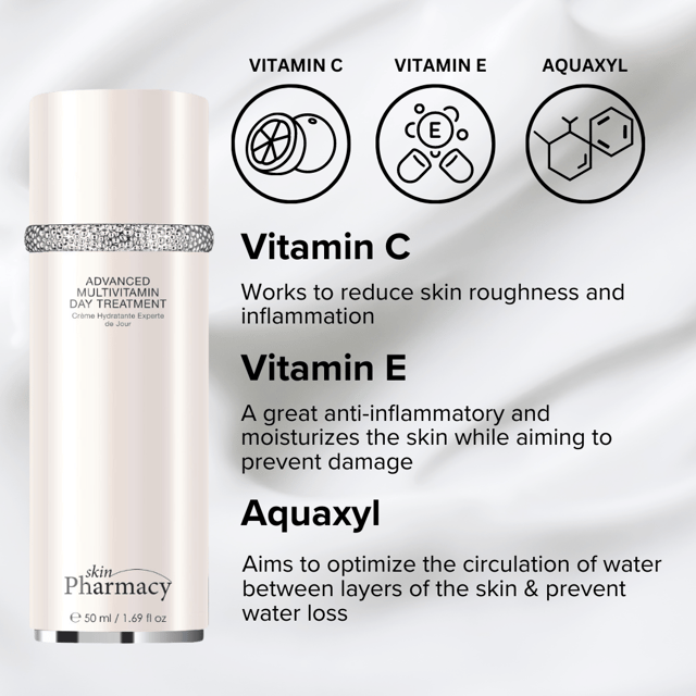 skinPharmacy Tratamiento Avanzado de Multivitaminas para el Día 50ml El Tratamiento Avanzado de Multivitaminas para el Día de Skin Pharmacy es una fórmula poderosa que hidrata y nutre profundamente la piel. Cargado con Vitamina C, Vitamina E, Aquaxyl y Ácido Hialurónico, este tratamiento reduce la aspereza de la piel, combate el daño de los radicales libres, optimiza la circulación del agua y proporciona humedad para reafirmar la piel. Apto para pieles sensibles o dañadas.