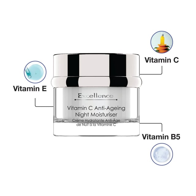 EXCELLENCE Crema Hidratante Nocturna Anti-Envejecimiento con Vitamina C es una fórmula poderosa que suaviza y rejuvenece la piel. Rica en Vitamina C, E, B5, Aquaxyl y Ácido Hialurónico, promueve la firmeza, la luminosidad y la hidratación profunda. Adecuada para pieles sensibles, secas y dañadas, este producto es perfecto para lograr una apariencia juvenil y revitalizada.