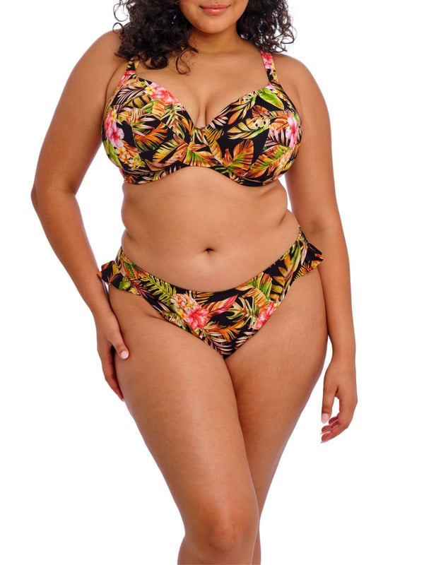Elomi Tiger Valley Plunge Bikini Top. Underwired non padded swimwear top with adjustable straps, powernet back lining for extra support, made with Lycra Xtra Life and fully lined. This product is recommended as hand wash only.