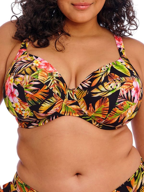 Elomi Tiger Valley Plunge Bikini Top. Underwired non padded swimwear top with adjustable straps, powernet back lining for extra support, made with Lycra Xtra Life and fully lined. This product is recommended as hand wash only.