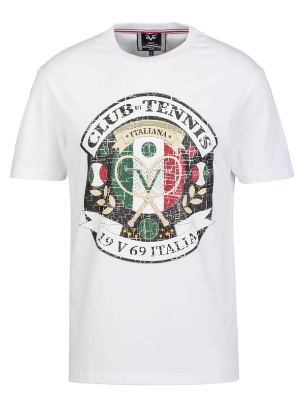 Het 19v69 ITALIA T-shirt *RAFAEL TENNIS* is de perfecte keuze voor tennis- en sportliefhebbers. De opvallende opdruk met tennislogo geeft het shirt een dynamische look, terwijl de zachte katoenen stof en de normale pasvorm zorgen voor optimaal comfort - ideaal voor vrije tijd en actieve dagen.