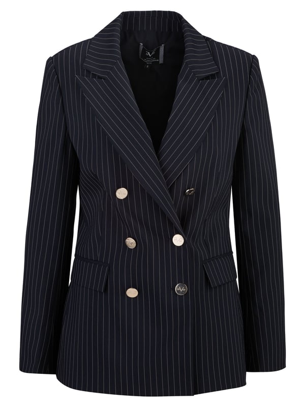 De AMANDA STRIPE damesblazer van 19V69 Italia by Versace maakt indruk met zijn elegante krijtstreepdessin en double-breasted knopenlijst, wat zorgt voor een stijlvolle look. De getailleerde snit creëert een vrouwelijk silhouet, terwijl de hoogwaardige geweven stof comfortabel is om te dragen. Perfect voor zakelijke looks of chique alledaagse outfits.