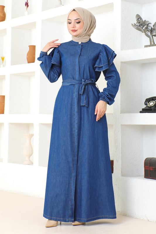 Stoffmerkmal: Hergestellt aus Denim-Stoff.Produktmerkmal: Es handelt sich um ein neues Hijab-Modestück der Saison. Es ist ungefüttert und verfügt über versteckte Knöpfe, die von vorne verwendet werden können. Es hat Taschen und elastische Manschetten. Der Gürtel ist verstellbar. Bitte beachten Sie, dass es aufgrund von Konzeptaufnahmen zu leichten Farbabweichungen kommen
