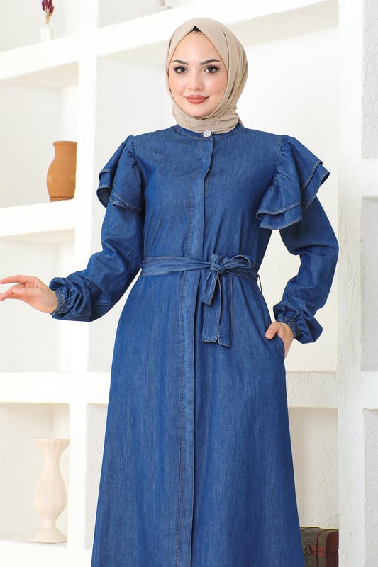 Stoffmerkmal: Hergestellt aus Denim-Stoff.Produktmerkmal: Es handelt sich um ein neues Hijab-Modestück der Saison. Es ist ungefüttert und verfügt über versteckte Knöpfe, die von vorne verwendet werden können. Es hat Taschen und elastische Manschetten. Der Gürtel ist verstellbar. Bitte beachten Sie, dass es aufgrund von Konzeptaufnahmen zu leichten Farbabweichungen kommen