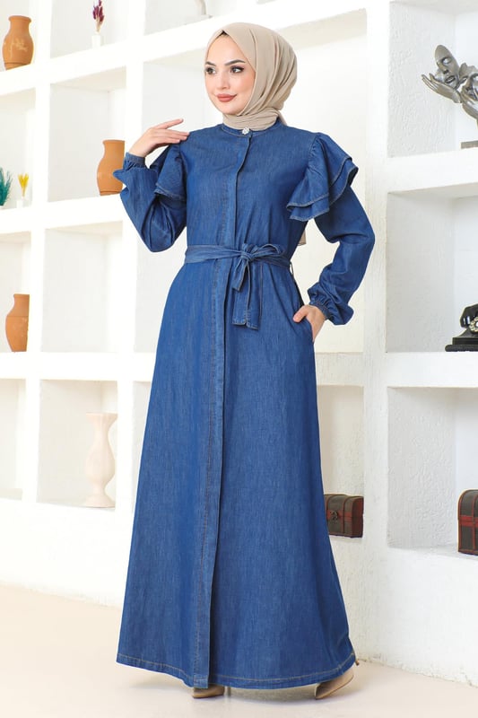Stoffmerkmal: Hergestellt aus Denim-Stoff.Produktmerkmal: Es handelt sich um ein neues Hijab-Modestück der Saison. Es ist ungefüttert und verfügt über versteckte Knöpfe, die von vorne verwendet werden können. Es hat Taschen und elastische Manschetten. Der Gürtel ist verstellbar. Bitte beachten Sie, dass es aufgrund von Konzeptaufnahmen zu leichten Farbabweichungen kommen