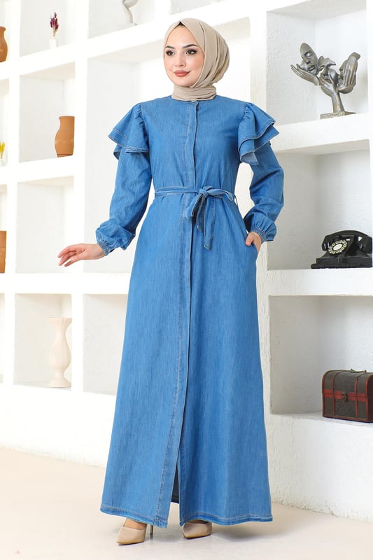 Stoffmerkmal: Hergestellt aus Denim-Stoff.Produktmerkmal: Es handelt sich um ein neues Hijab-Modestück der Saison. Es ist ungefüttert und verfügt über versteckte Knöpfe, die von vorne verwendet werden können. Es hat Taschen und elastische Manschetten. Der Gürtel ist verstellbar. Bitte beachten Sie, dass es aufgrund von Konzeptaufnahmen zu leichten Farbabweichungen kommen