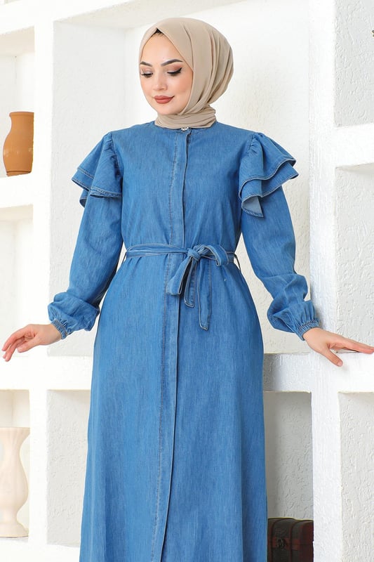 Stoffmerkmal: Hergestellt aus Denim-Stoff.Produktmerkmal: Es handelt sich um ein neues Hijab-Modestück der Saison. Es ist ungefüttert und verfügt über versteckte Knöpfe, die von vorne verwendet werden können. Es hat Taschen und elastische Manschetten. Der Gürtel ist verstellbar. Bitte beachten Sie, dass es aufgrund von Konzeptaufnahmen zu leichten Farbabweichungen kommen