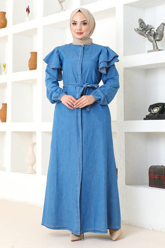 Stoffmerkmal: Hergestellt aus Denim-Stoff.Produktmerkmal: Es handelt sich um ein neues Hijab-Modestück der Saison. Es ist ungefüttert und verfügt über versteckte Knöpfe, die von vorne verwendet werden können. Es hat Taschen und elastische Manschetten. Der Gürtel ist verstellbar. Bitte beachten Sie, dass es aufgrund von Konzeptaufnahmen zu leichten Farbabweichungen kommen