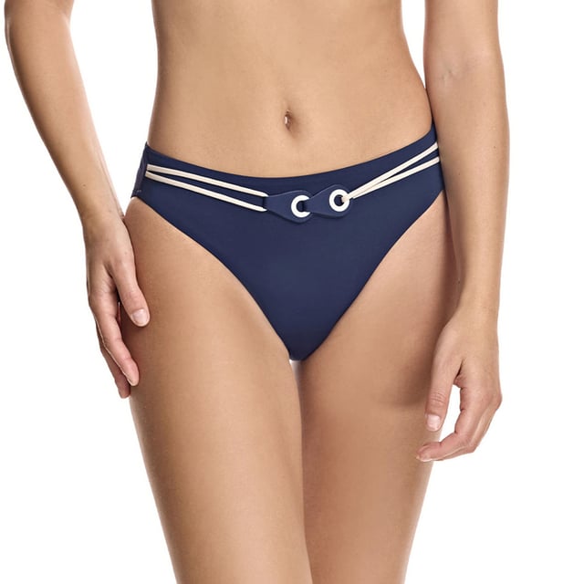 Classic women's bikini bottom from the brand ORY.

 Bikini bottom with an elegant nautical-inspired design, ideal for wearing on the beach or in the pool with a sophisticated and comfortable style.

 Characteristics:

 - Mid-rise bikini bottom provides balanced coverage and a flattering fit.
 - Swim briefs with elastic waistband.
 - Nautical detail with metal eyelets and decorative laces that add a distinctive touch to the design.
 - Matching inner lining, which guarantees greater opacity and support.
 - Exposed tone-on-tone seams, providing a clean and discreet finish.
 - Cutting-edge shaping fabric, with high resistance properties to chlorine, tanning creams and oils, ensuring durability even with frequent use.
 - Women's bikini bottoms feature excellent moisture-wicking properties, providing all-day freshness.

 These bikini bottoms are perfect for those looking for a practical design with a chic touch. Pair them with your favourite bikini top for a complete look.
 Composition: Outer lining: 80% Polyamide, 20% Elastane; Inner lining: 84% Polyester, 16% Elastane.
 Care:
- Hand wash.
 - Do not use a dryer.
 - Do not iron.
 - Do not dry clean.
 - Do not squeeze.