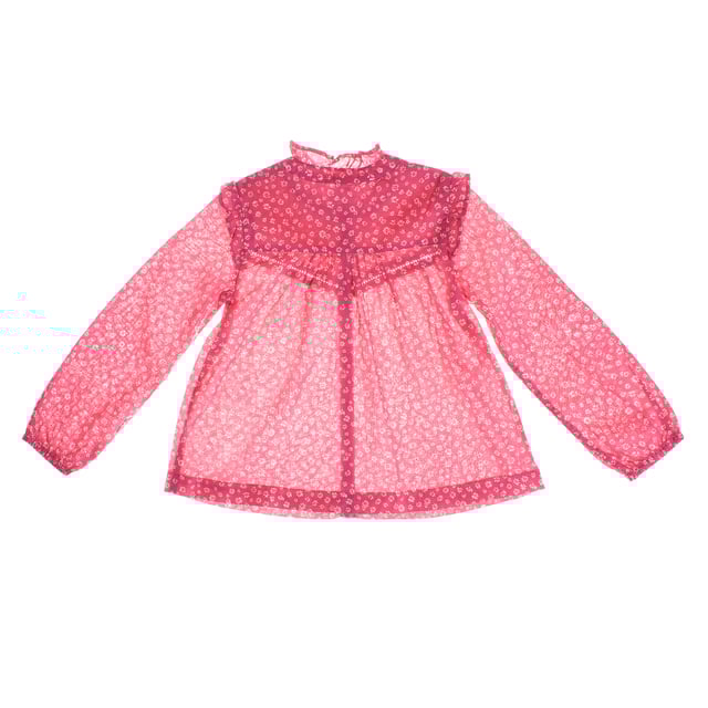 Girl's blouse with a delicate floral design that stands out for its romantic and feminine style.

 Made from a lightweight, semi-sheer fabric, this garment features a print of small flowers on a contrasting background on the yoke, adding a touch of depth.

 It features a front button closure that adds elegance and practicality.

 Long, slightly puffed sleeves end in elasticated cuffs for a comfortable fit.

 The gathered high neck and ruffles on the shoulders complete this charming and sophisticated look, ideal for special occasions or to add a unique touch to any outfit.
 Composition: 100% Cotton
 Care:
- Machine wash max. 30ºC..
 - Use similar colors in the wash.
 - Avoid the use of bleaches.
 - Dry at low temperature.
 - Iron at low temperature.
 - Do not dry clean.
