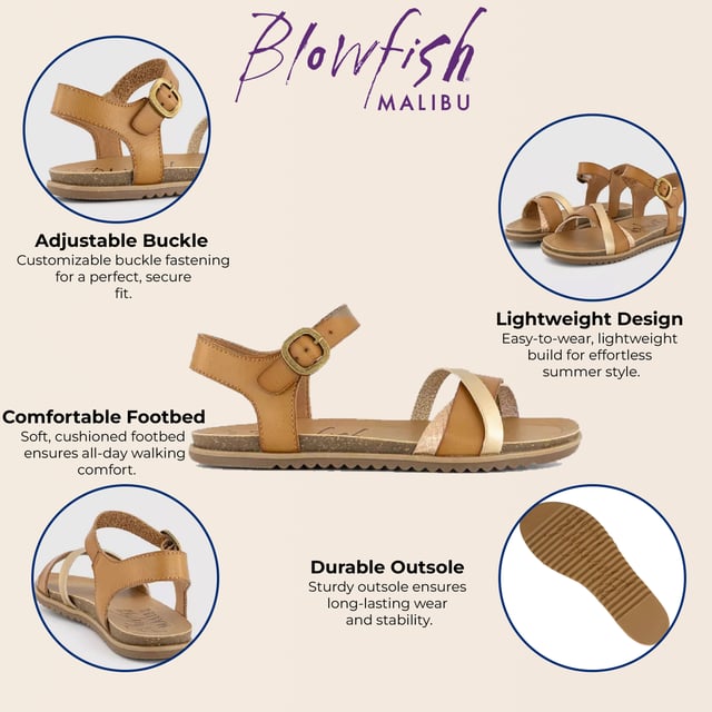 Sandalias de cuña con hebilla y tiras para mujer Blowfish Malibu en color tostado - Monti-B Las sandalias de cuña Blowfish Malibu Monti-B ofrecen la combinación perfecta de estilo y comodidad. Con una moderna parte superior con tiras, una correa de tobillo segura y un tacón de cuña liviano, estas sandalias están diseñadas para usarlas todo el día. La plantilla acolchada garantiza la máxima comodidad, lo que las hace ideales para salidas de verano, vacaciones y estilo informal. Características principales Sandalias de cuña de moda con parte superior con tiras Correa de tobillo segura para un ajuste cómodo Cuña de plataforma liviana para una altura sutil Plantilla acolchada para soporte durante todo el día Suela duradera para estabilidad y uso duradero Perfecto para verano, vacaciones y atuendos de todos los días