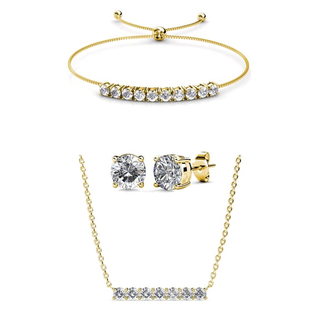 Composición: Latón Acabado: Chapado en Oro de 18k Tipo de Piedra: Cristal Austriaco Número de Piedras (uds): 12 Color de Piedra: Cristal Diámetro de Pendientes (mm): 5.2 Largo de Pulsera (mm): 245 Largo de Cadena (mm): 400 +50