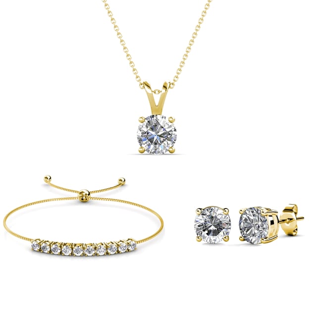 Conjuntos Crystal Mia - Oro y Cristal Composición: Latón Acabado: Chapado en oro de 18 k Tipo de piedra: Cristal austriaco Tipo de piedra: Circón austriaco Número de piedras (piezas): 13 Color de la piedra: Cristal Longitud de la cadena (mm): Longitud de la cadena (mm): 400 + 50 Longitud de la pulsera (mm): 245 Diámetro de los pendientes (mm): 5