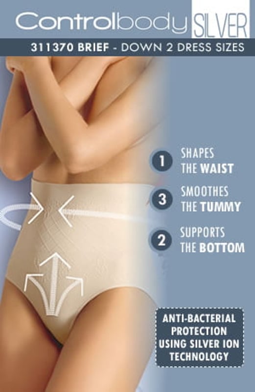 High waist shaping brief. Firm compression providing a high level of support. Anti-bacterial soft microfiber with silver ions. Jacquard pattern. Shapes the waist smooth the tummy and lifts the bottom. Item comes packaged in a Control Body box.