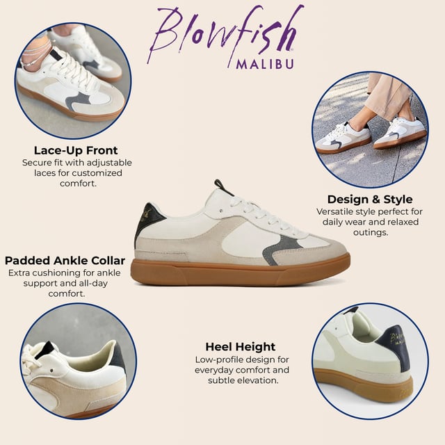 Blowfish Malibu Weiße Schnür-Sneaker für Damen - Tastic Die Blowfish Malibu Tastic Sneakers bringen Retro-Streetwear-Vibes in Ihre Garderobe. Mit einem Low-Profile-Design, Kunstleder-Overlays und einer klassischen, vom Fußball inspirierten T-Zehenform bieten diese Sneakers sowohl Stil als auch Komfort. Der Schnürverschluss sorgt für einen sicheren Sitz, während die Gummisohle für Strapazierfähigkeit und Traktion sorgt. Perfekt für lässige Ausflüge und den Alltag. Hauptmerkmale Stilvolle, retro-inspirierte Sneakers mit sportlichem T-Zehenform-Design Obermaterial aus veganfreundlichem Stoff mit Kunstleder-Overlays Schnürverschluss für einen sicheren und anpassbaren Sitz Kontrastierender Fersenakzent für einen trendigen Look Strapazierfähige Gummisohle für Traktion und lang anhaltenden Tragekomfort Ideal für lässige Outfits, Streetwear und Komfort im Alltag
