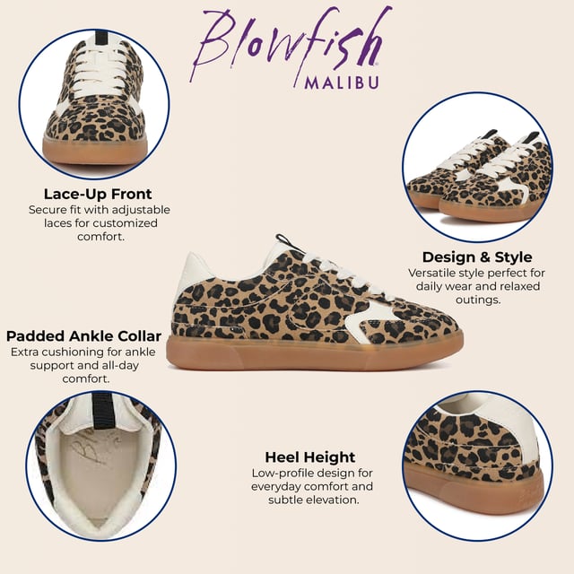 Zapatillas con cordones y estampado de leopardo en marrón Blowfish Malibu para mujer - Tastic Las zapatillas Blowfish Malibu Tastic aportan un aire retro a la moda urbana a tu armario. Con un diseño de perfil bajo, revestimientos de piel sintética y una puntera en T clásica inspirada en el fútbol, estas zapatillas ofrecen estilo y comodidad. La entrada con cordones garantiza un ajuste seguro, mientras que la suela de goma proporciona durabilidad y tracción. Perfectas para salidas informales y para uso diario. Características principales Zapatillas elegantes de inspiración retro con un diseño deportivo de puntera en T Parte superior de tela apta para veganos con revestimientos de piel sintética Cierre con cordones para un ajuste seguro y regulable Talón con detalle en contraste para un look moderno Suela de goma duradera para tracción y uso duradero Ideales para atuendos informales, ropa urbana y comodidad diaria