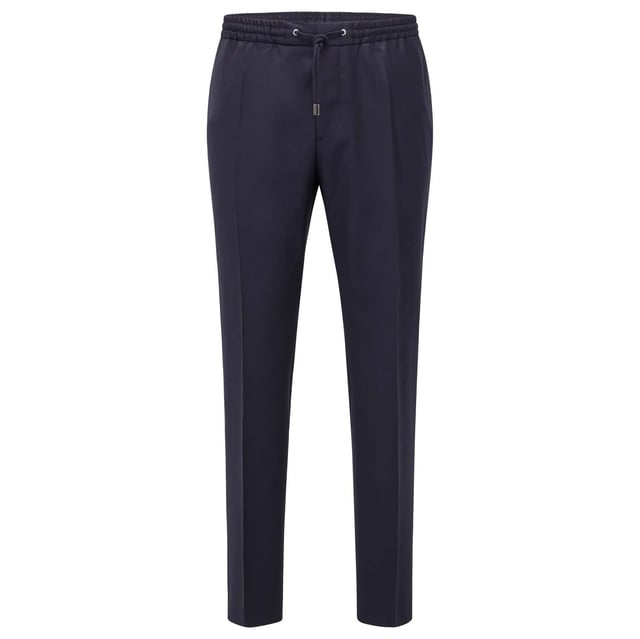 Mens BOSS Banks Trousers in dark blue.- Elasticated drawcord waist.- Button and zip closure.- French pocket.- Jet pocket.- Serge-woven wool.- Slim fit.- Main material: 100% Virgin wool  Lining: 100% Viscose.  Dry clean only.- Ref: 50403896401