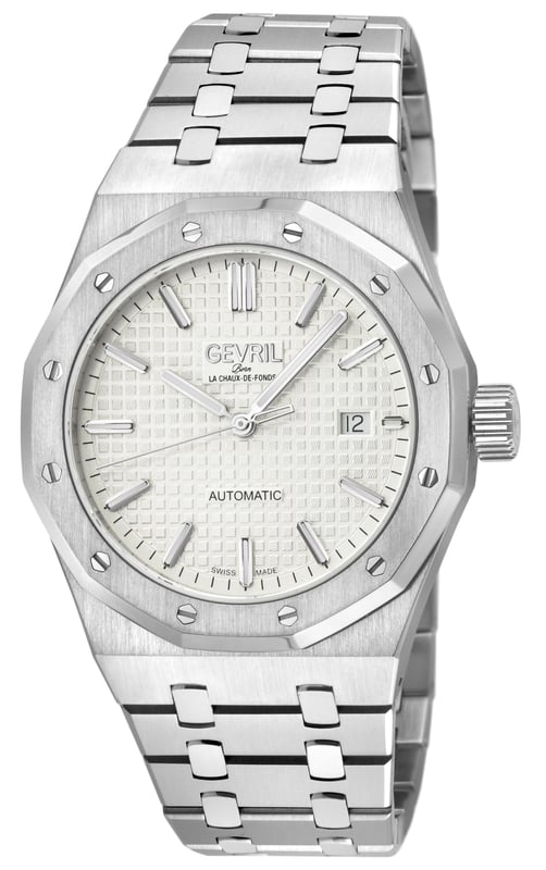 The Gevril Gotham Men’s Watch is a bold celebration of luxury and urban sophistication, drawing inspiration from the exclusive Gotham neighborhood and its prestigious Park Row district. Known for its stately architecture and as a haven for New York’s elite, Park Row epitomizes a legacy of wealth, power, and refinement—qualities embodied in this remarkable timepiece. Crafted with meticulous attention to detail, the Gotham Watch features a 41mm round case, accentuated by a rich top ring that evokes the gleam of opulent cityscapes. The embossed dial, adorned with elegant detailing, mirrors the understated grandeur of Park Row’s historic façades and its harmonious blend of tradition and modernity. A day display positioned at 3 o’clock enhances its practicality, reflecting the precision demanded by those who command time and success. The push/pull hexagon crown, a signature of strength and distinctiveness, and the exhibition case back offer a glimpse into the Swiss-made Sellita SW200-1 automatic movement, a testament to the timepiece's exceptional craftsmanship. The stainless-steel satin bracelet, secured by a deployment buckle, combines durability with an effortless sense of style, reminiscent of the polished sophistication that defines Park Row’s affluence. Protected by an anti-reflective sapphire crystal and water-resistant up to 100 meters, the Gotham Watch is as resilient as the city it represents. It is designed for the discerning gentleman who seeks a timepiece that embodies both function and artistry—a watch that resonates with the rhythm of New York City, where ambition meets elegance. The Gevril Gotham Men’s Watch is more than a timepiece; it is a statement. With every glance, it serves as a reminder of Park Row’s legacy and the wearer’s connection to a world of luxury, power, and prestige.
