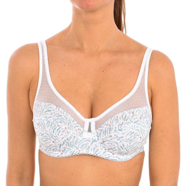 Generous bra.
 Cups without foam.
 Cups with rings.
 Elastic and adjustable straps.
 Back closure with three-position hooks.
 Elastic sides.
 Seams seen in tone.
 Composition: 92% Cotton, 6% Polyamide, 2% Elastane
 Care:
Wash at maximum temperature 40º.
 Do not iron.
 Do not use bleach.
 Do not use dryer.