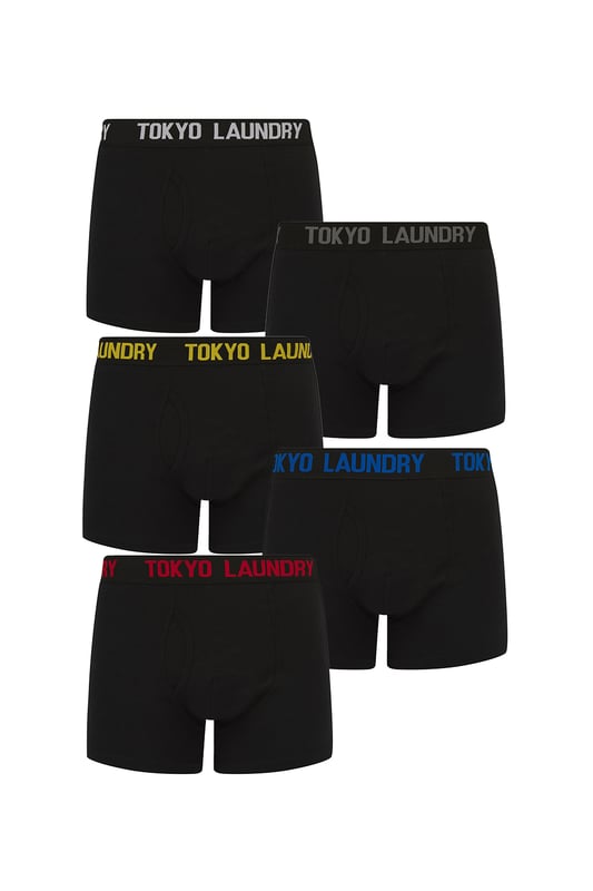 Indulge in everyday comfort with this 5-pack of boxers from Tokyo Laundry. Made from cotton-rich and stretch fabric, these boxers offer a soft and breathable feel. The plush woven waistband provides a secure fit, while the bright colours on the slogan waistband adds a dash of style to your everyday essentials. Upgrade your underwear collection now!