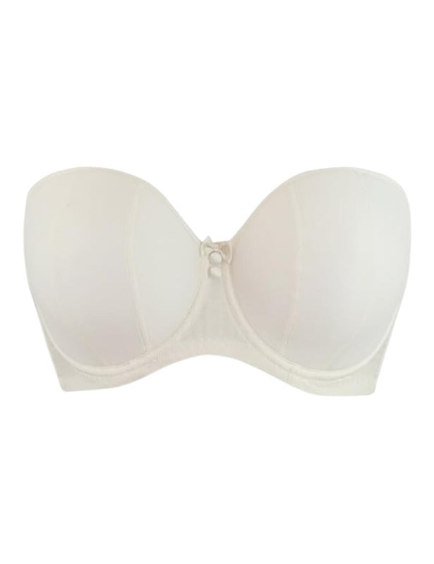 The Curvy Kate Luxe strapless bra is a multi-way bra that can be worn strapless, halterneck or racerback style giving you 3 bra's in 1. The Luxe range is designed with a smooth fabric so it can be worn and hidden under any outfit and is finished with a two tone pinstripe around the band. The strapless bra offers great support through to HH cup and contains a silicone grip around the back band for added security and support.