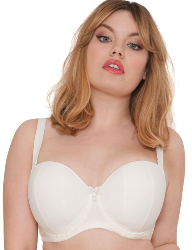 The Curvy Kate Luxe strapless bra is a multi-way bra that can be worn strapless, halterneck or racerback style giving you 3 bra's in 1. The Luxe range is designed with a smooth fabric so it can be worn and hidden under any outfit and is finished with a two tone pinstripe around the band. The strapless bra offers great support through to HH cup and contains a silicone grip around the back band for added security and support.