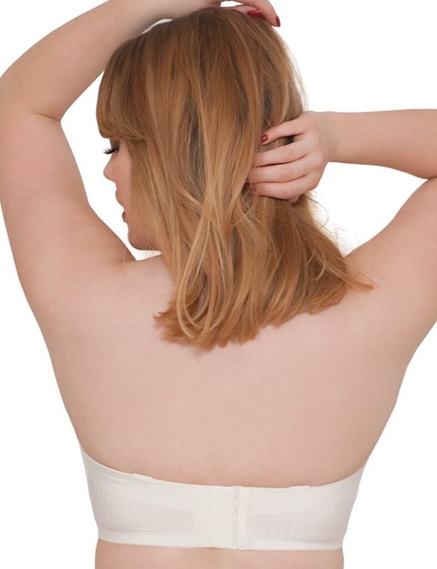 The Curvy Kate Luxe strapless bra is a multi-way bra that can be worn strapless, halterneck or racerback style giving you 3 bra's in 1. The Luxe range is designed with a smooth fabric so it can be worn and hidden under any outfit and is finished with a two tone pinstripe around the band. The strapless bra offers great support through to HH cup and contains a silicone grip around the back band for added security and support.