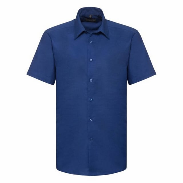 70% Cotton, 30% Polyester. Design: Plain. Fastening: Button. Neckline: Collared. Sleeve-Type: Short-Sleeved. Curved Hem. Length: R.