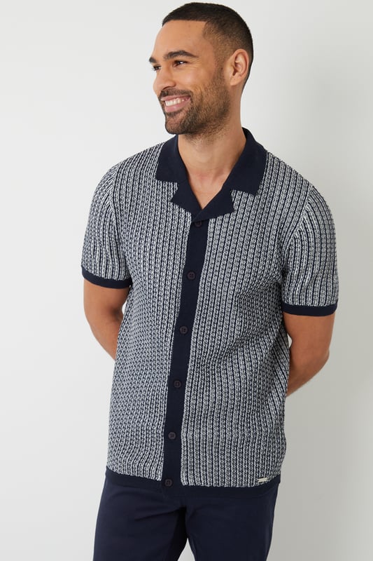 Upgrade your wardrobe this season with this stylish revere collar knitted shirt from Threadbare. This short sleeve knitted shirt has a Milano knit revere collar, placket and tubular cuffs and hem. Complete with full button-down fastening for easy styling. In a textured stripe knit and finished with the Threadbare metal branding tab above the hem. Pair with chino shorts for an effortless summer aesthetic that's great for outings, or make it date night appropriate with a pair of dark denim jeans and trainers.